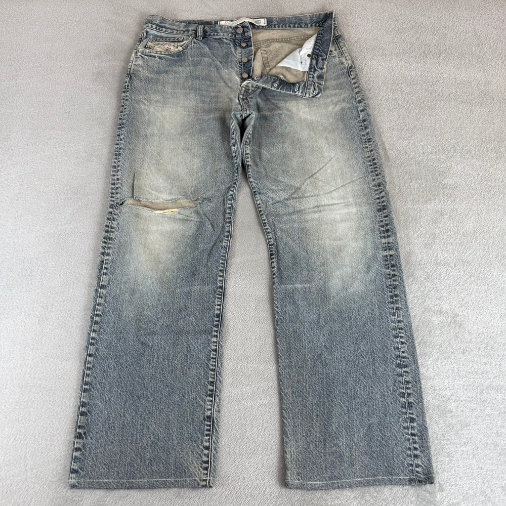 Diesel Kratt Straight Jeans Mens 38x31 Blue Denim Distressed Button Fly Italy